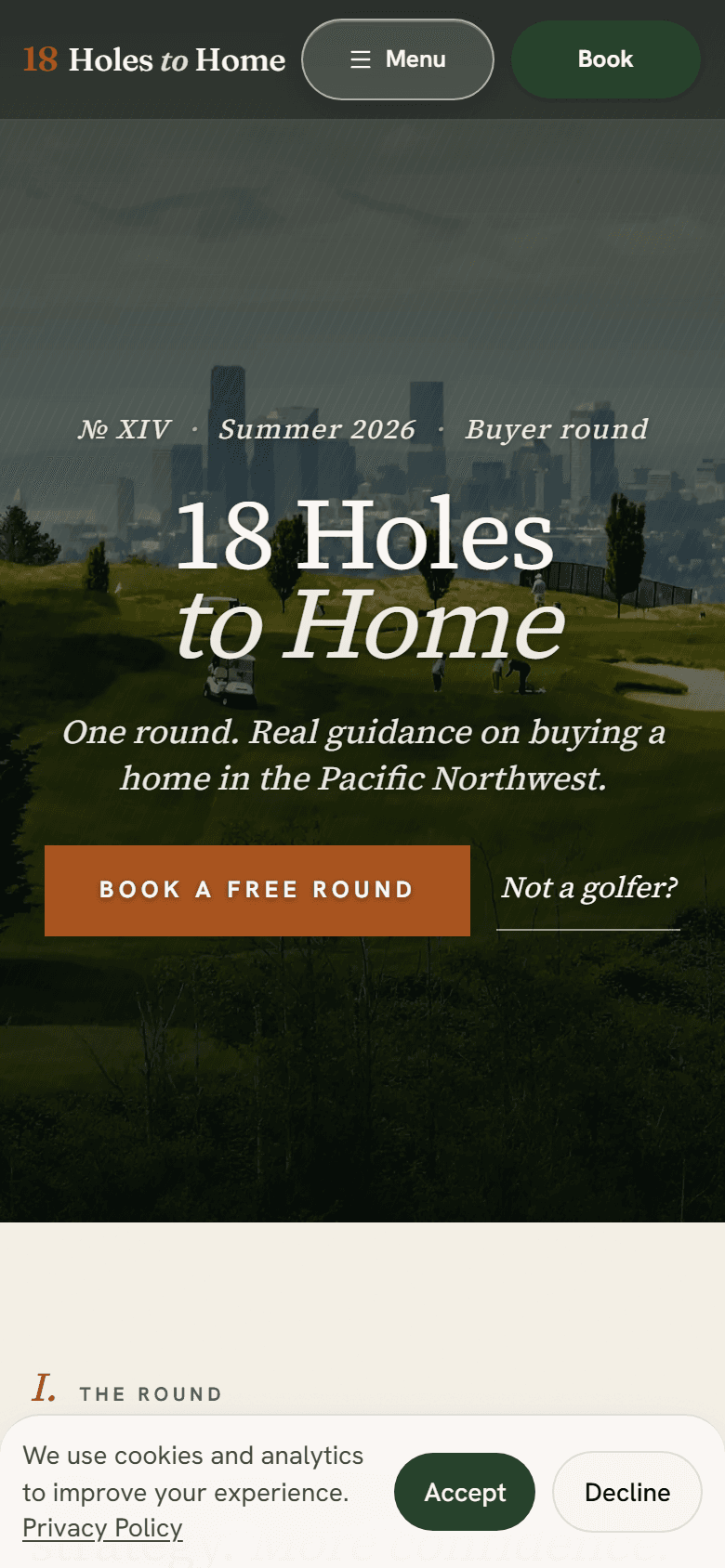 18 Holes to Home mobile homepage — editorial layout, golden-hour hero, single CTA