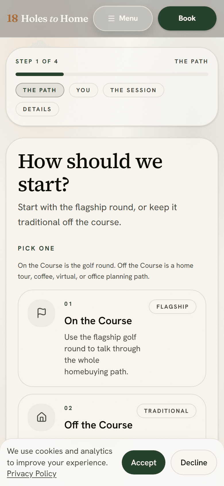 Guided buyer flow step one on mobile — short, considered, readiness-scored